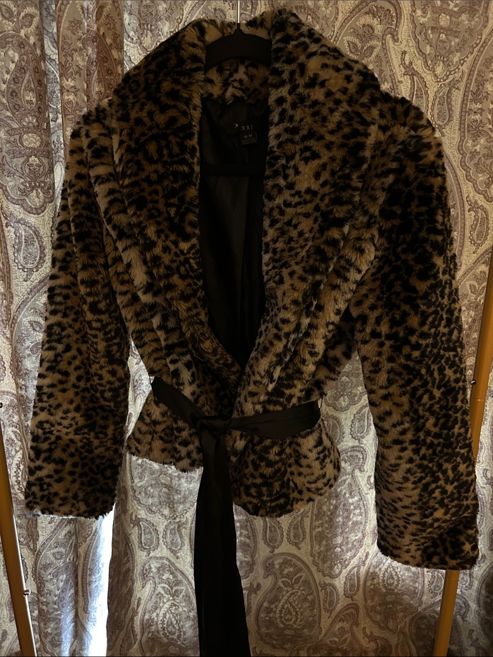XOXO Faux Fur Leopard Print Belted Jacket in Brown and Black